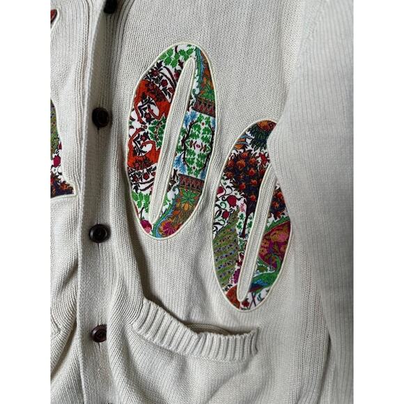 Akoo Roe Mens Cardigan Small Patchwork Varsity Preppy Animal Print Button Ivory - Picture 3 of 9